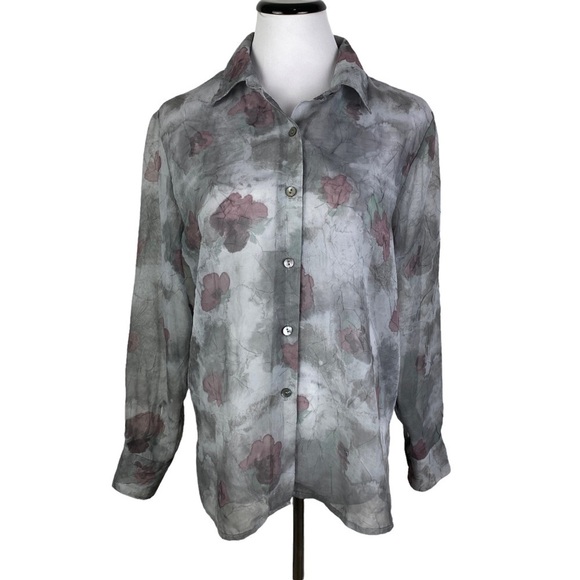Casual Corner Vintage Floral Sheer Button Down Blouse Women's Medium Gray Pink - Picture 1 of 9